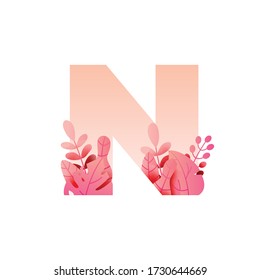 Botanical Alphabet Series - Letter N vector with botanic branch bouquet composition
