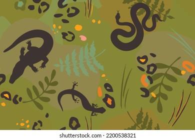 Serpiente de fondo botánico y animal, cocodrilo, lagartija, lagartija, hojas y manchas piel leopardo. Fondo tropical de verano sin fisuras dibujado a mano. Dibujo esquemático de siluetas, contornos