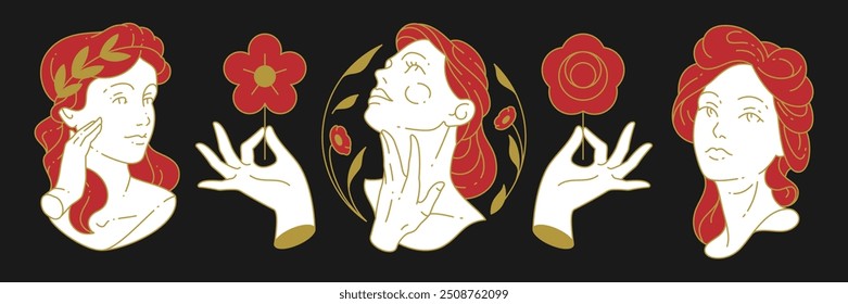 Botanical antique woman flower sculpture beauty skin care concept contoured icon set vector flat illustration. Beautiful female bust floral portrait logo for organic cosmetic spa wellness salon