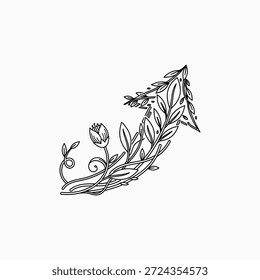 Botanical Arrow Illustrating Growth and Progress with Leaves and Flower Bud. Vector Illustration.