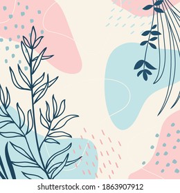 Arte botánico. Resumen de formas vectoriales orgánicas, hojas, rama, plantas. Elementos naturales en estilo doodle para publicación en medios sociales, plantilla, portada, afiche, tarjeta de saludo, fondo. 