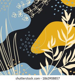 Botanical art. Abstract organic vector shapes, leaves, branch, plants. Natural elements in doodle style for social media post, template, cover, poster, greeting card, background. Modern graphics 