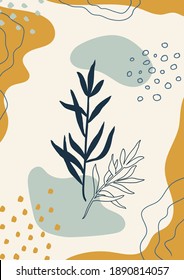 Botanical art. Abstract organic vector shapes, leaves, branch, plants. Natural elements in doodle style for template, cover, poster, greeting card, frame, background. Simple, stylish, minimal design. 