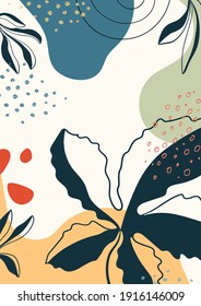 Arte botánico. Resumen de formas vectoriales orgánicas, hojas, rama, plantas. Elementos naturales en estilo doodle para plantilla, cubierta, afiche, tarjeta de saludo, marco, fondo. Gráficos modernos para vacaciones.