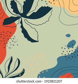 Botanical art. Abstract organic vector shapes, leaves, plants. Set of natural template in doodle style for social media post, cover, poster, greeting card, background. Modern graphics for business.