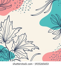 Botanical art. Abstract organic vector shapes, leaves, plants. Set of natural template in doodle style for social media post, cover, poster, greeting card, background. Modern graphics for holiday.