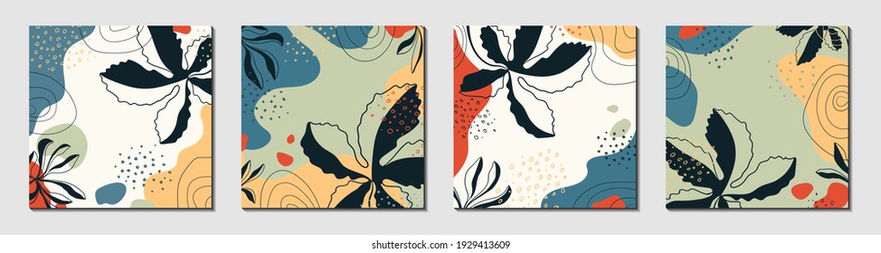 Botanical Art. Abstract Organic Vector Shapes, Leaves, Branch, Plants. Set Of Natural Template In Doodle Style For Cover, Poster, Greeting Card, Background. Modern Graphics For Business, Holiday