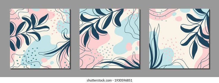 Botanical art. Abstract organic vector shapes, leaves, branch, plants. Set of natural templates in doodle style for social media posts, covers, posters, greeting cards, backgrounds. Modern graphics 