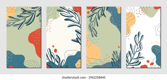 Botanical art. Abstract organic vector shapes, leaves, branch, plants. Set of natural template in doodle style for social media post, cover, poster, stories, background. Modern graphics for business