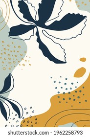 Botanical  art. Abstract organic vector shapes, leaves, branch, plants. Natural elements in doodle style for template, cover, poster, greeting card, frame, background. Modern graphics for business