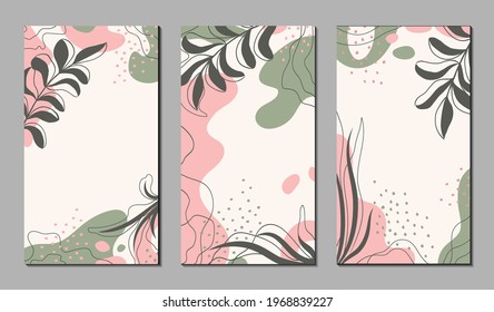Botanical art. Abstract organic vector shapes, leaves, branch, plants. Set of natural template in doodle style for social media post, cover, poster, stories, background. Modern graphics for business