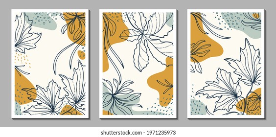 Botanical art. Abstract organic vector shapes, leaves, plants. Set of natural templates, covers, posters, greeting cards, frames, backgrounds in doodle style. Modern graphics for business, holiday. 