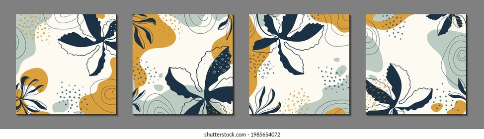 Botanical art. Abstract organic vector shapes, leaves, branch, plants. Set of natural template in doodle style for social media post, cover, poster, greeting card, background. Modern graphics 