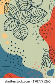Arte botánico. Resumen de formas vectoriales orgánicas, hojas, rama, plantas. Elementos naturales en estilo doodle para plantilla, cubierta, afiche, tarjeta de saludo, marco, fondo. Gráficos modernos para vacaciones
