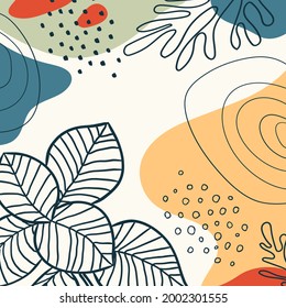 Botanical art. Abstract organic vector shapes, leaves, plants. Natural template in doodle style for social media post, cover, poster, greeting card, background. Modern graphics for holiday, business. 