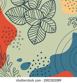 Arte botánico. Resumen de formas vectoriales orgánicas, hojas, plantas. Plantilla natural en estilo doodle para publicación en medios sociales, portada, afiche, tarjeta de saludo, fondo. Gráficos modernos para vacaciones, negocios. 