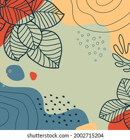 Botanical art. Abstract organic vector shapes, leaves, plants. Natural template in doodle style for social media post, cover, poster, greeting card, background. Modern graphics for holiday. 