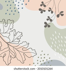 Arte botánico. Resumen de formas vectoriales orgánicas, hojas, plantas. Plantilla natural en estilo doodle para publicación en medios sociales, portada, afiche, tarjeta de saludo, fondo. Gráficos modernos para vacaciones, negocios. 