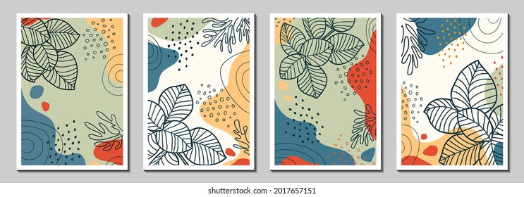 Botanical art. Abstract organic vector shapes, leaves, plants. Set of natural templates, covers, posters, greeting cards, frames, backgrounds in doodle style. Modern graphics for business, holiday. 