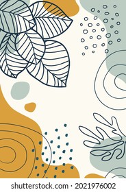 Botanical  art. Abstract organic vector shapes, leaves, branch, plants. Natural elements in doodle style for template, cover, poster, greeting card, frame, background. Modern graphics for holiday