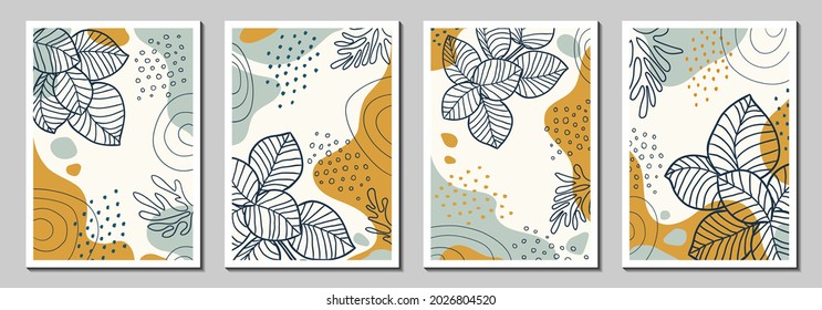 Botanical art. Abstract organic vector shapes, leaves, plants. Set of natural templates, covers, posters, greeting cards, frames, backgrounds in doodle style. Modern graphics for business, holiday. 