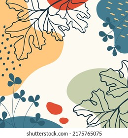 Botanical art. Abstract organic vector shapes, leaves, plants. Natural template in doodle style for social media post, cover, poster, greeting card, background. Modern graphics for holiday, business. 