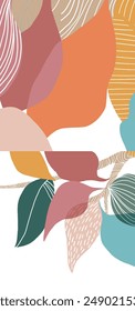 Botanical art. Abstract organic vector shapes, leaves, plants. Natural template in doodle style for social media post, cover, poster, greeting card
