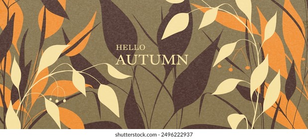 Botanical art background with autumn leaves in modern style. Fall banner for decor, packaging, print, invitations, cover, postcard, social media, wallpaper, invitations.