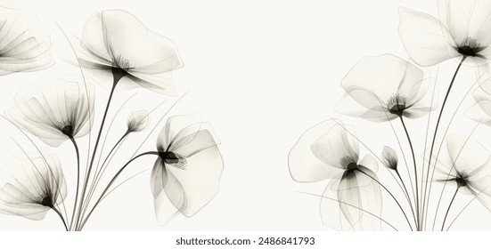 Botanical art background in black and white with transparent flowers in watercolor style. Vector floral banner for cover design, print, wallpaper, decor, poster, textile, interior, packaging.