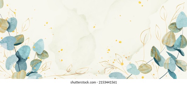 Botanical art background with eucalyptus leaves with golden elements in line style. Floral watercolor banner with golden elements for decoration, print, packaging	
