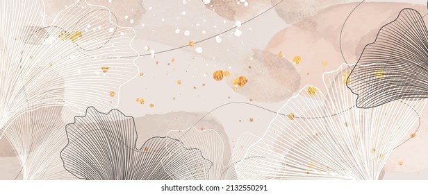 Botanical art background with ginkgo leaves in line style. Floral watercolor banner with golden elements for decoration, print, packaging