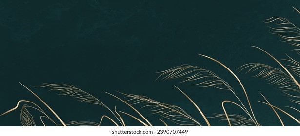 Botanical art background with hand drawn grass in gold color. Vector floral dark banner for decoration, wallpaper, print, textile, invitations, packaging, interior design.