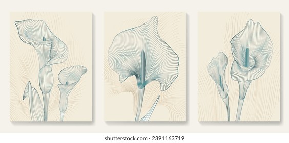 Botanical art background with hand drawn blue calla flowers in line art style. Set of vector posters with exotic plants for decoration, print, textile, wallpaper, interior design