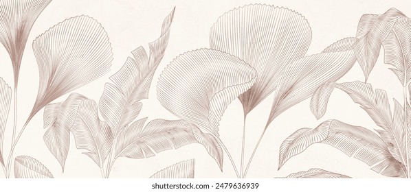 Botanical art background with hand drawn tropical plant leaves in line style. Vector banner for decor, print, wallpaper, poster, packaging, textile, interior design.