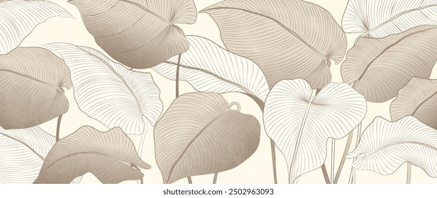 Botanical art background in modern style with tropical leaves with hand drawn line elements. Vector plant banner for decor, wallpaper, print, cover, invitations, packaging