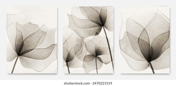 Botanical art background with transparent flowers in watercolor style. Vector floral set for decoration, print, textile, wallpaper, poster, interior design, invitation, cover.