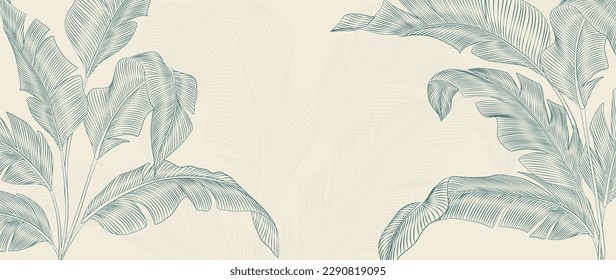 Botanical art background with tropical leaves in white and blue color hand drawn in line style. Luxury banner with exotic plants for decoration, print, wallpaper, textile, packaging.