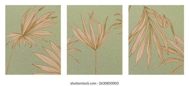 Botanical art background with tropical palm leaves with hand drawn line art elements. Set with exotic plants for decor, wallpaper, print, textile, poster, packaging, interior design.