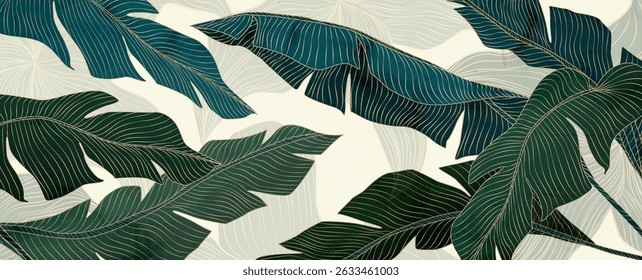 Botanical art background with tropical palm leaves with line elements. Vector plant banner for decor, print, textile, wallpaper, poster, packaging, interior design.