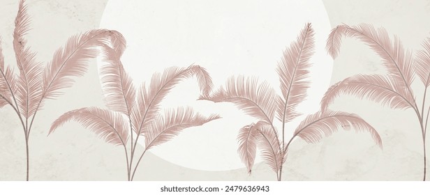 Botanical art background with tropical tree leaves in pink. Vector banner with exotic plants for wallpaper, decor, print, textile, interior design, poster, packaging.