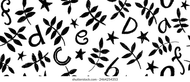 In: Botanical Art Background Vektorgrafik. Abstraktes natürliches handgezeichnetes Musterdesign mit Blättern, Ästen und Buchstaben. Handgezeichnete Blätter mit Buchstaben-Kritzel-Texturen.