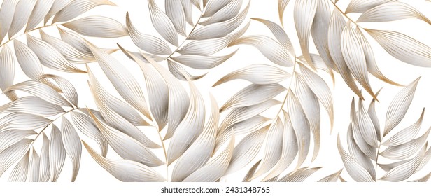 Fondo de arte botánico con hojas de palma blanca con elementos de línea dibujados a mano dorada. Banner vectorial con plantas exóticas para decoración, impresión, textil, papel pintado, diseño de interiores