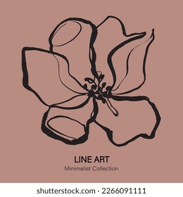 Botanical art. Brush painted flower. Vector black jasmine design. One line drawn jasmine illustration. Square format flower drawing. Flower on a brown background.