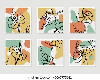 Conjunto de composición de arte botánico. Colección de afiches con flores de contorno, puntos coloridos y líneas. Diseño para la decoración de paredes y la impresión en tela. Collage de vectores planos de dibujos animados aislados en blanco