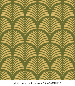 Botanical Art Deco Style Repeat Pattern Design With Stylized Palm Leaf Motifs In Olive Green. Floral Vintage Seamless Vector Patten.