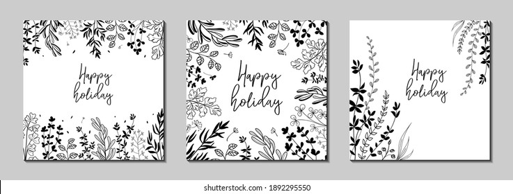 Botanical art. Floral vector templates with leaves, plants. Abstract natural elements. Vector plant print for holiday posters, greeting cards, backgrounds, covers, banners, invitations.