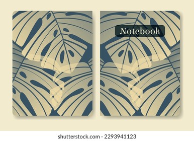 Botanical art gradient aesthetic illustration notebook cover. Monstera leaves print.