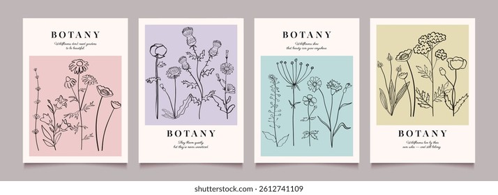Botanical art. Posters with wild flowers and herbs. Modern vector backgrounds with plants. Hand drawn illustration.

