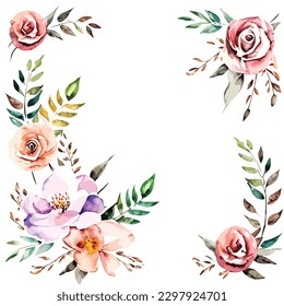 botanical art style watercolor flowers plant frame illustration for a wedding invitation