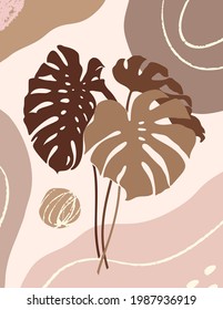 Botanical Art with Tropical Monstera Leaves and Organic Shapes in Minimal Trendy Style. Vector Abstract Illustration in Pastel Colors for Print, Cover, Card, Wallpaper, Posters, Social Media Stories